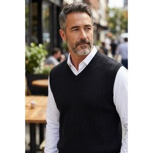 #011 Nordstrom Mens Black Cable Knit V-Neck Sweater Vest Sleeveless Large L